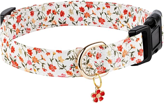 Dog Collars with Buckle Adjustable for Cute Girl Female Boy Dogs,Special Soft and Fancy Dog Pet Collar with Flower Design for Small Medium Large Dogs (Red Flower, S)