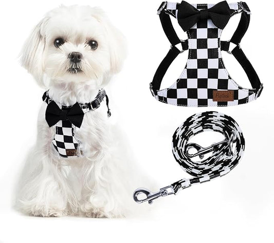 PUPTECK Dog Harness and Leash Set Small Sized, Step-in Cute Puppy Harness, Soft Lightweight Padded Vest, Escape Proof No Pull Pet Harnesses Easy for Walking, Plaid Black & White, XS