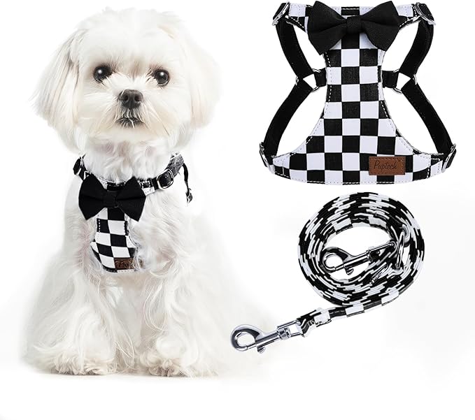 PUPTECK Dog Harness and Leash Set Small Sized, Step-in Cute Puppy Harness, Soft Lightweight Padded Vest, Escape Proof No Pull Pet Harnesses Easy for Walking, Plaid Black & White, XXS