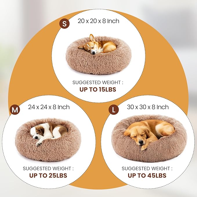 DUMOS Calming Donut Cat & Dog Bed for Small Dogs, Machine Washable Cuddle Warming Cozy Fluffy Faux Fur Plush Round Dog Bed, Anti-Anxiety Waterproof Anti-Slip Pet Bed, Brown, 20×20×8 Inches