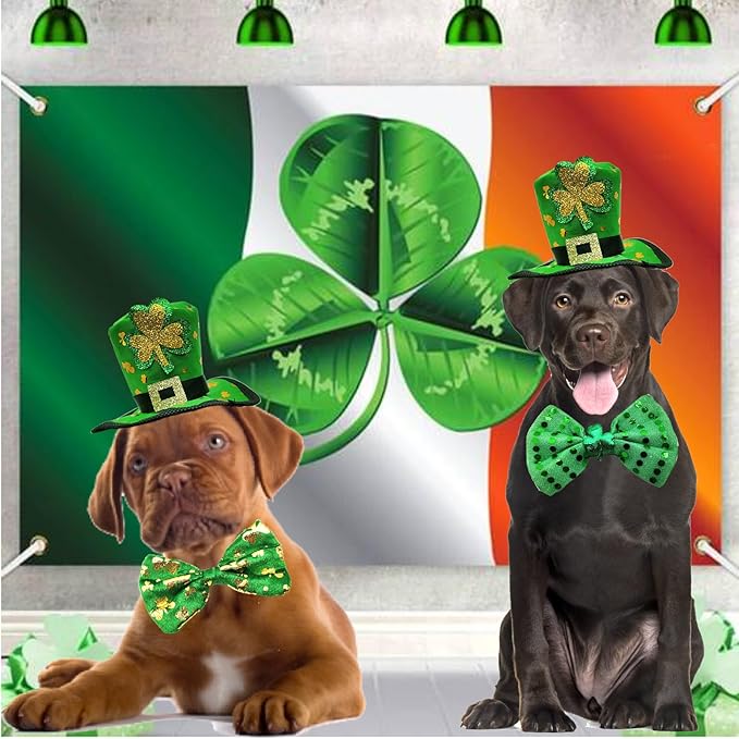 3PCS St Patrick's Day Pet Costume, St. Patty's Day Dog Top Hat Green Shamrock Bow Tie Doggie Collar Set for Large Dogs Puppy Outfit Cats Kitty Funny Irish Dog Clothe Accessories