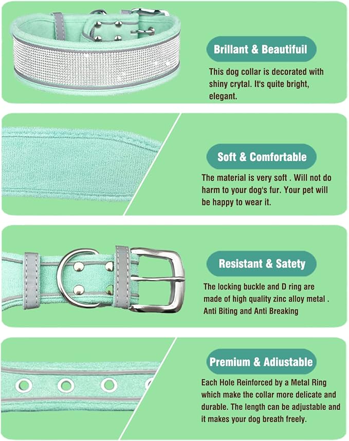 Bling Rhinestone Dog Collar Soft Comfortable Stylish Dog Collar with Bright Reflective Stripe Premium Adjustable Diamond Crystal Pet Collar for Small Medium and Large Dogs (L, Green)