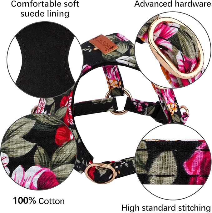 CHEDE Floral Pattern Dog Harness - Lightweight, Soft, Adjustable, Small & Medium Dog Harness and Leash Set, Suitable for Puppy (S, Black Flower)