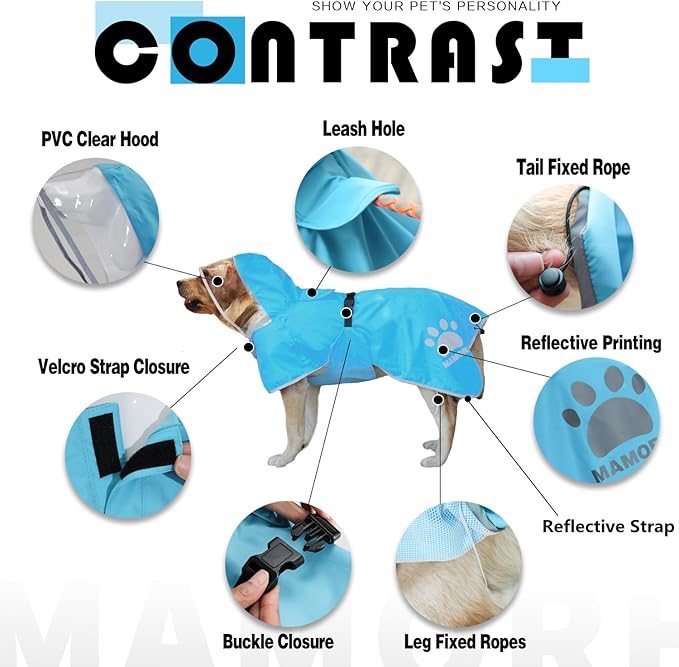 MAMORE Dog Raincoat Hooded Rain Jacket for Small Medium Large Dogs Slicker Poncho Bottom Waterproof Adjustable Reflective Breathable Leash Hole (Blue, X-Large)