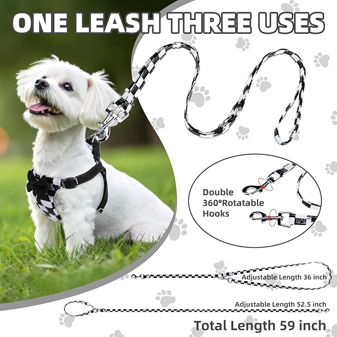 PUPTECK Dog Harness and Leash Set Small Sized, Step-in Cute Puppy Harness, Soft Lightweight Padded Vest, Escape Proof No Pull Pet Harnesses Easy for Walking, Plaid Black & White, XXS