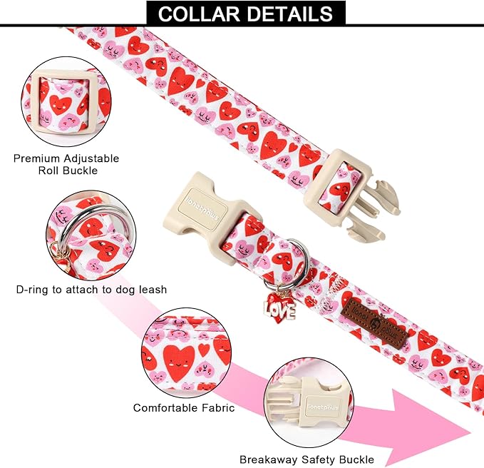 Lionet Paws Valentine's Dog Collar- Cute Pink Wink Heart Dog Collars with Plastic Buckle, Light Adjustable Dog Collars for Small Medium Dogs