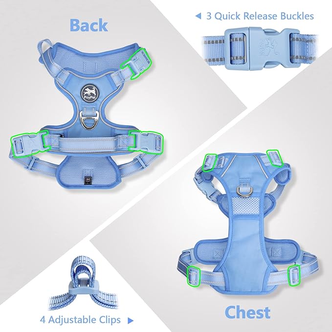 PoyPet No Pull Dog Harness, No Choke Reflective Dog Vest, Adjustable Pet Harnesses with Easy Control Padded Handle for Small Medium Large Dogs(Light Blue Matching Trim,M)