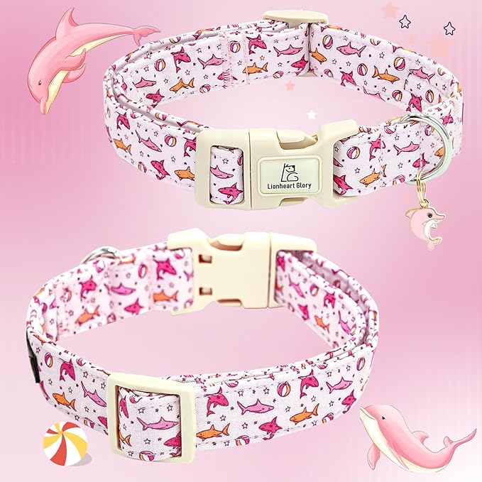 Lionheart Glory Pink Shark Pattern Cute Dog Collar - Adjustable, Durable for Small Dogs