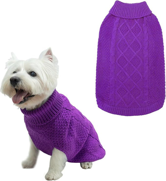 Mihachi Turtleneck Dog Sweater - Winter Coat Apparel Classic Cable Knit Clothes with Leash Hole for Cold Weather, Ideal Gift for Pet in New Year Purple X-Small