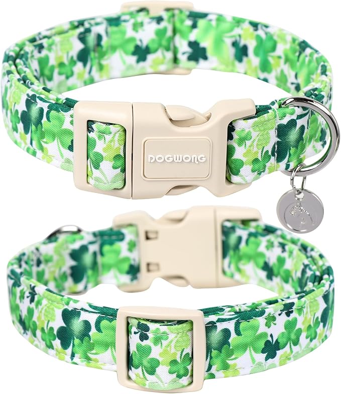 DOGWONG St. Patrick's Day Dog Collar, Green Lucky Clover Shamrock Green Dog Collar Soft Durable Adjustable Costume St. Patrick's Day Lucky Charm Puppy Collar for Small Medium Large Dog