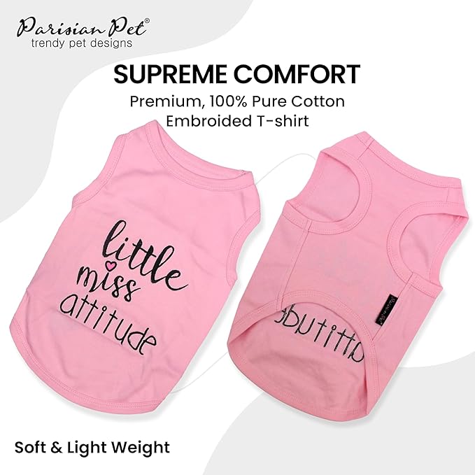 Parisian Pet Dog Tshirt - Embroidered “Little Miss Attitude“ Tank Top - 100% Cotton, Lightweight Dog Clothes Female - Sleeveless Pink Tee Shirts for Small Dogs Girl - XS