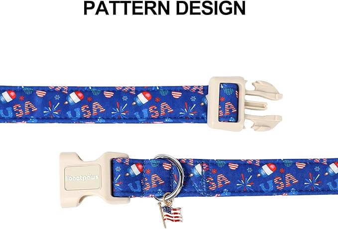 Lionet Paws 4th of July Dog Collar- Cute Summer Blue Dog Collars with Plastic Buckle and Flag Pendant, Light Adjustable Dog Collars for Small Medium Dogs