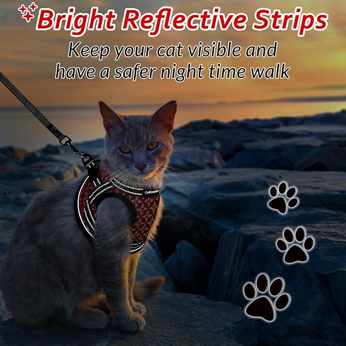 Cat Harness and Leash Escape Proof for Walking, Safe Adjustable Medium Kitten Vest Set with Reflective Strip for Kitty, Easy Control Comfortable Soft Outdoor Pet Harnesses, Red, Medium