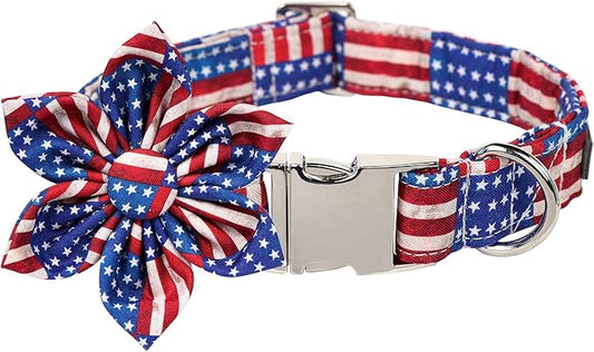 Lionet Paws Patriotic Female Dog Collar with Flower, 4th of July, Soft and Comfortable Adjustable American Flag Collar for Puppies and Cats, XS, Neck 8-12 inches