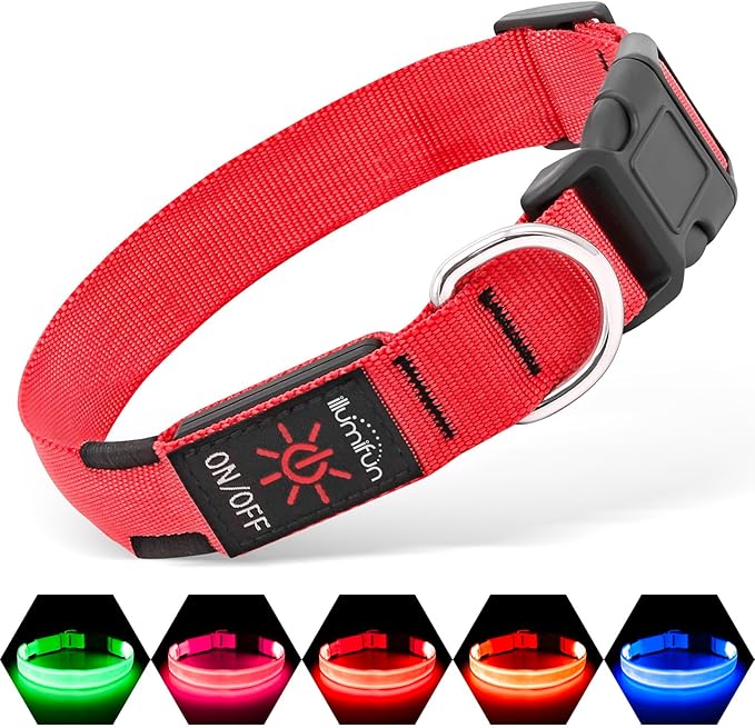 Illumifun Light Up Dog Collar - USB Rechargeable LED Dog Collar Glow in The Dark, Adjustable Pet Collar Light for Night Walking (Red, Medium)