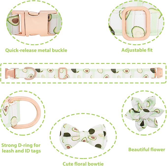 Dog Collar and Leash Set Adjustable Girls Puppy Floral Collars with Bow Tie for Small Medium Large Dogs(M, Avocado)