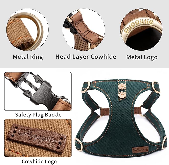 Dog Harness, No Pull Dogs Harness and Multi-Function Leash Set for Medium Dogs Easy Walk Everyday Adjustable Soft Dog Vest Harness Fashionable Dog Accessories Denim Vintage Green-Button-Slim Large