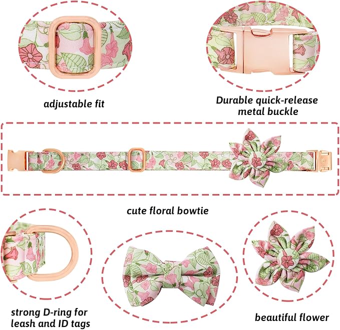 Dog Collar and Leash Set Girls Adjustable Puppy Collars with Floral Bow Tie for Small Medium Large Female Dogs, Morning Glory, M