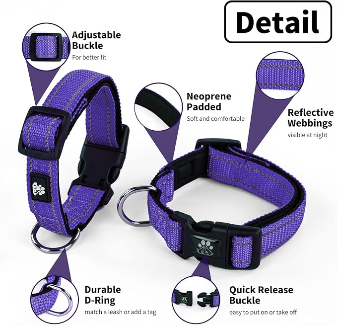 NESTROAD Reflective Dog Collar and Leash Set,Soft Neoprene Pet Collar with Quick Release Buckle,Adjustable Nylon Dog Collars for Small Medium Large Dogs(Large Collar+ 5FT Leash,Purple)