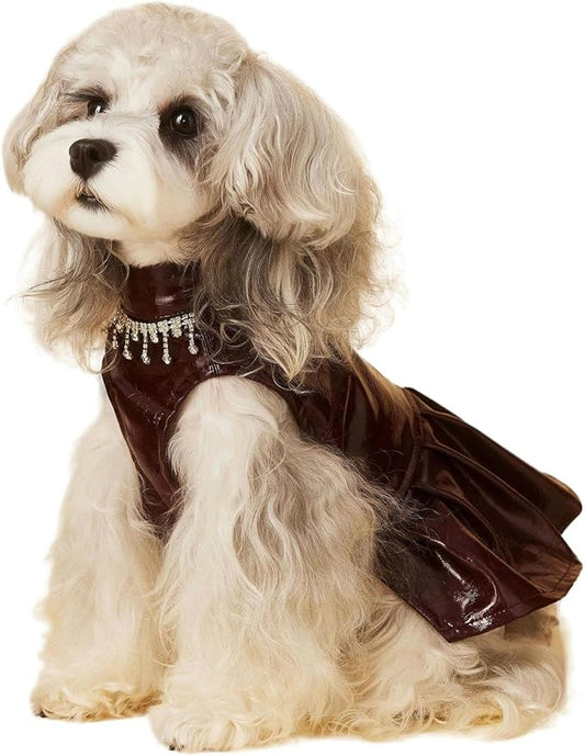 Luxury Dog Dress Girl Puppy Pu Leather Motorcycle Jacket Princess Tutu Skirt with Necklace for Small Pet Birthday Wedding Costume
