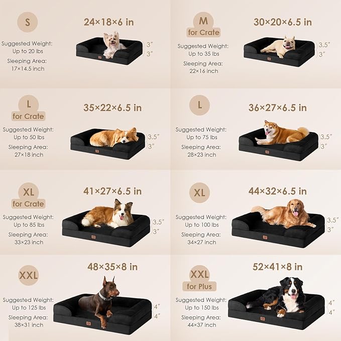 EHEYCIGA Orthopedic Dog Beds for Large Dogs, Waterproof Memory Foam Large Pet Bed with Sides, Non-Slip Bottom and Egg-Crate Foam Dog Couch Bed with Washable Removable Cover, Black