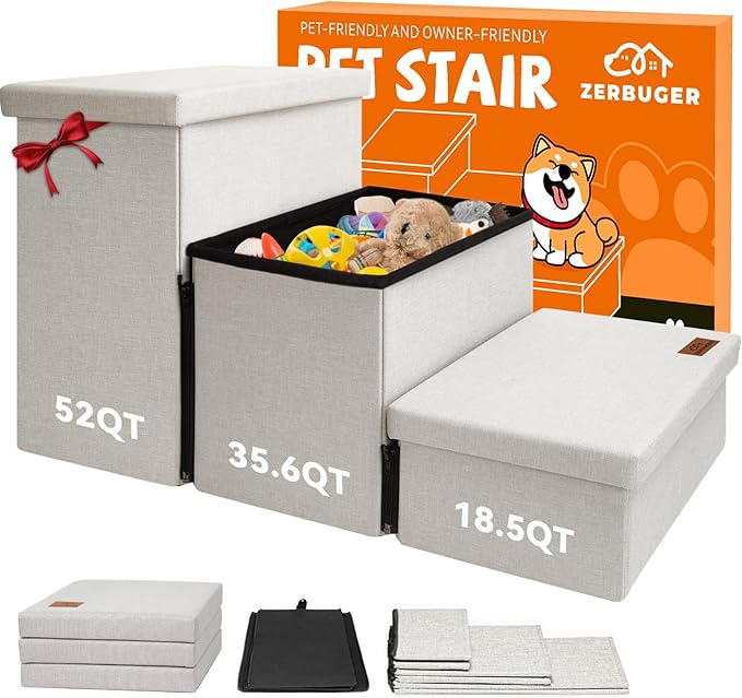 Dog Stairs with Storage 18" H, 3-Step Wider Dog Steps for Small/Medium/Large Old Dogs Cats, Folding Sturdy Pet Stairs Climbing Bed or Couch, Ramp for Car Up to 200 lbs (Beige Gray, No Condo)