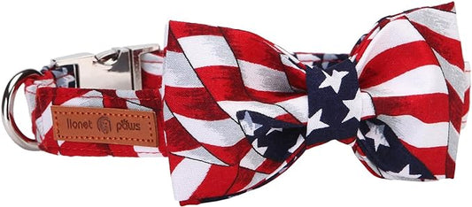 Lionet Paws Patriotic Dog Collar with Bowtie, 4th of July, Soft and Comfortable, Adjustable Collar for Small Dogs, Neck 10-16 inches