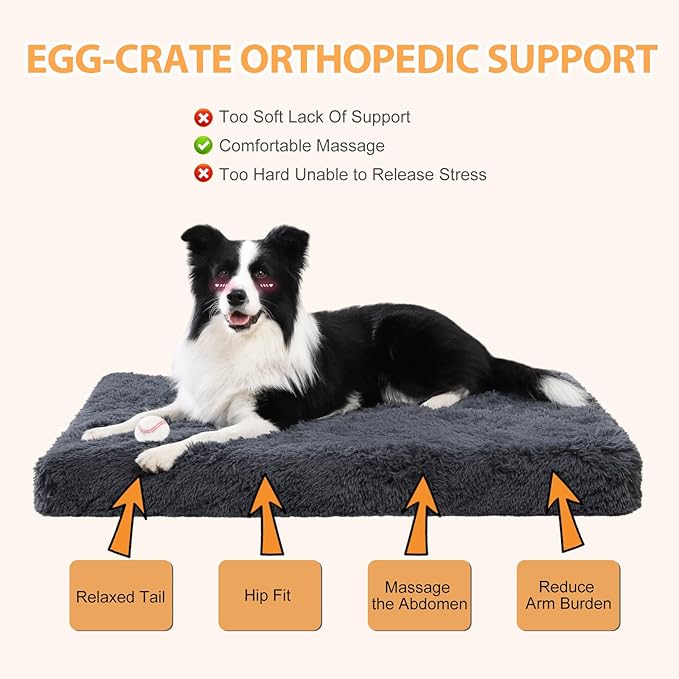 XL Orthopedic Dog Beds Large Sized Dog, Washable Dog Bed with Removable Cover, Waterproof Dog Crate Bed with Non-Slip Bottom, Fluffy Pet Bed 41×27 Inch, Dark Grey