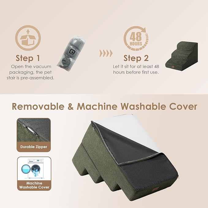 EHEYCIGA Curved Dog Stairs Ramp for Small Dogs 15.7" H, 3-Step Dog Steps for Couch Sofa and Chair, Pet Stairs for Cats, Non-Slip Balanced Pet Steps Indoor, Olive Green