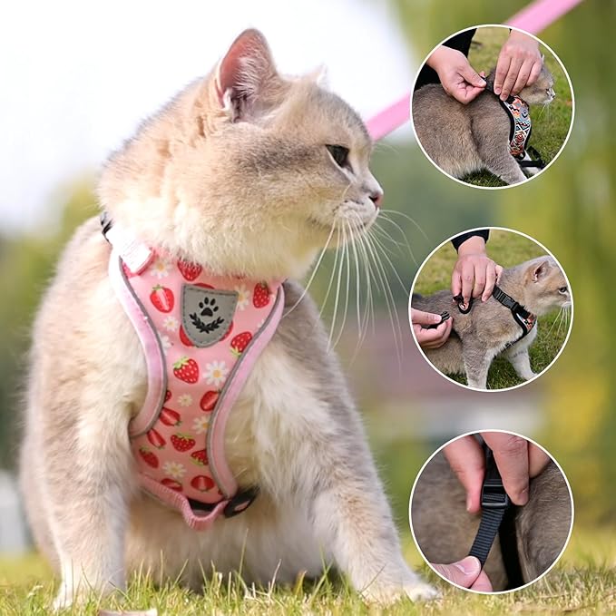 KOOLTAIL Cat Harness and Leash Set, Escape Proof for Safe Walking & Travel, Reflective Comfortable Easy Control Adjustable Kitten Harness for Boys&Girls Small Medium Large Cats Strawberry M