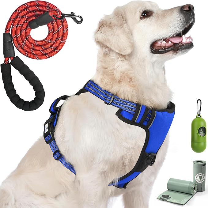 Dog Harness, No-Pull Pet Breathable Harness, Adjustable Soft Padded Dog Vest with 2 Leash Clips, Reflective No-Choke Pet, Easy Control Handle for Large Dogs, Blue, S