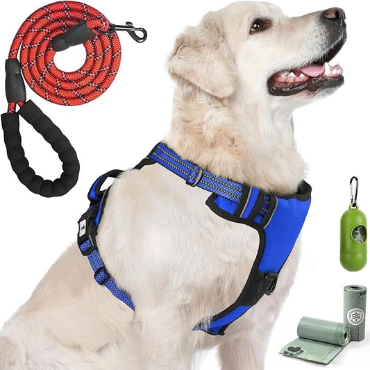 Dog Harness, No-Pull Pet Breathable Harness, Adjustable Soft Padded Dog Vest with 2 Leash Clips, Reflective No-Choke Pet, Easy Control Handle for Large Dogs, Blue, S