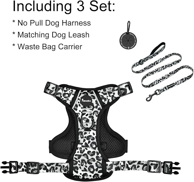 Petmolico Dog Harness for Small Dogs, Cute Harness Vest with Two Leash Clips and Soft Handle, Reflective Easy Walk Puppy Vest - Grey Leopard, Medium