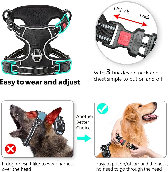 Timos Dog Harness, No-Pull Pet Harness with 2 Leash Clips, Adjustable Soft Padded Dog Vest, Reflective Outdoor Pet Oxford Vest with Easy Control Handle Black