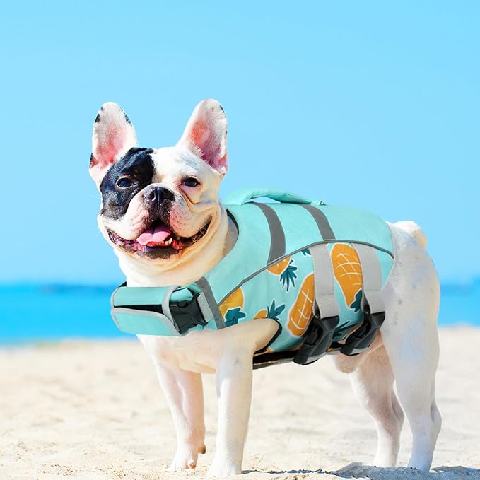 Kuoser Dog Life Jackets for Medium Dogs, Dog Life Vests for Swimming, Reflective Dog Life Vest Beach Boating with High Flotation, Dog Swim Vest for Medium Dogs, Pineapple M