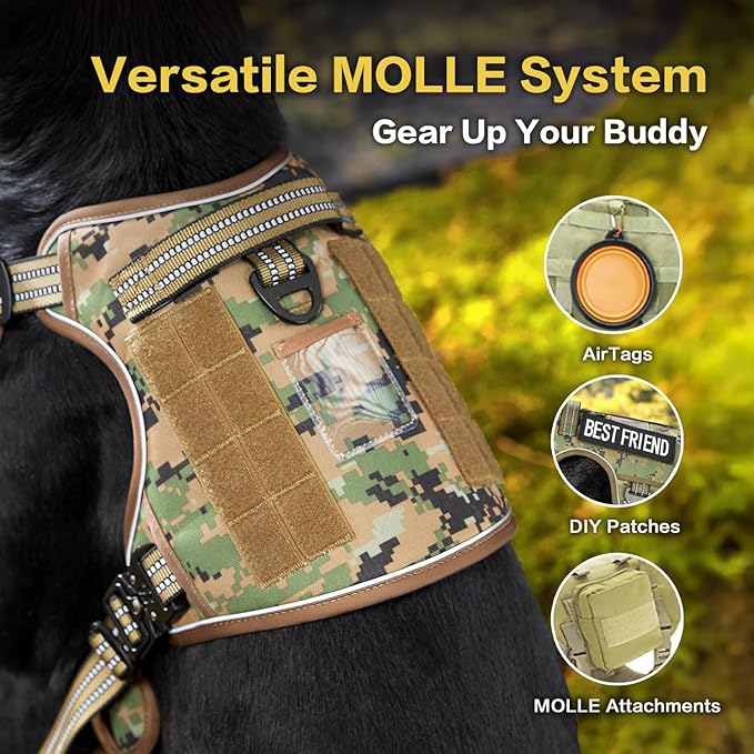 PawsPassion Tactical Dog Harness for X-Large Dogs, Chew-Proof Metal Hardware, Heavy Duty No Pull Dog Harness, Reflective Strips, Adjusting Ring, MOLLE System, Hook and Loop Panel (Forest Recon, XL)