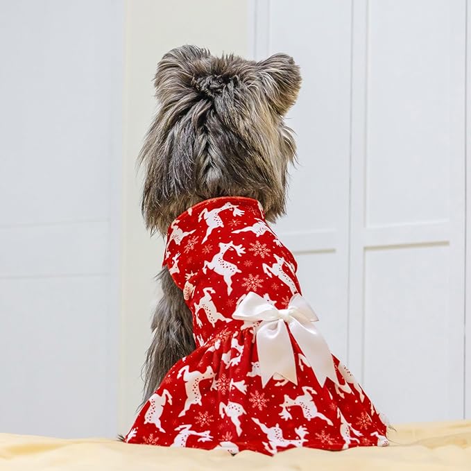 CuteBone Dog Christmas Dresses Outfit Velvet Holiday Small Dogs Clothes Onesie Pet Apparel Girl Puppy Skirt with Bow Hair Rope CVA29M