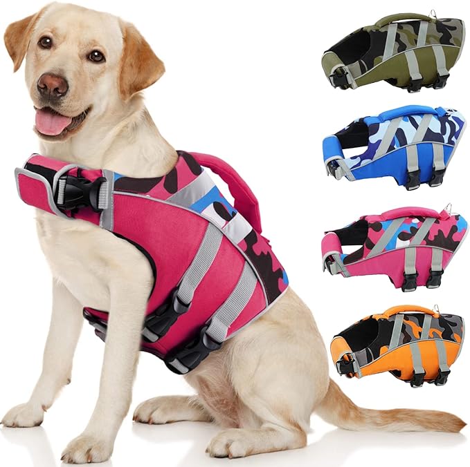 Kuoser Dog Life Jacket with Reflective Stripes - Adjustable High Visibility Vest, Ripstop Lifesaver, Pet Preserver with High Flotation Swimsuit for Small, Medium and Large Dogs
