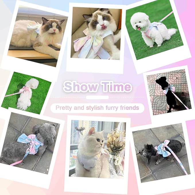 PETCARE Cute Bow Tie Dog Harness and Leash Set Elegant Rainbow Gradient Puppy Harness No Pull Soft Mesh Pet Cat Dog Vest Harnesses for Small Dogs Cats, Blue