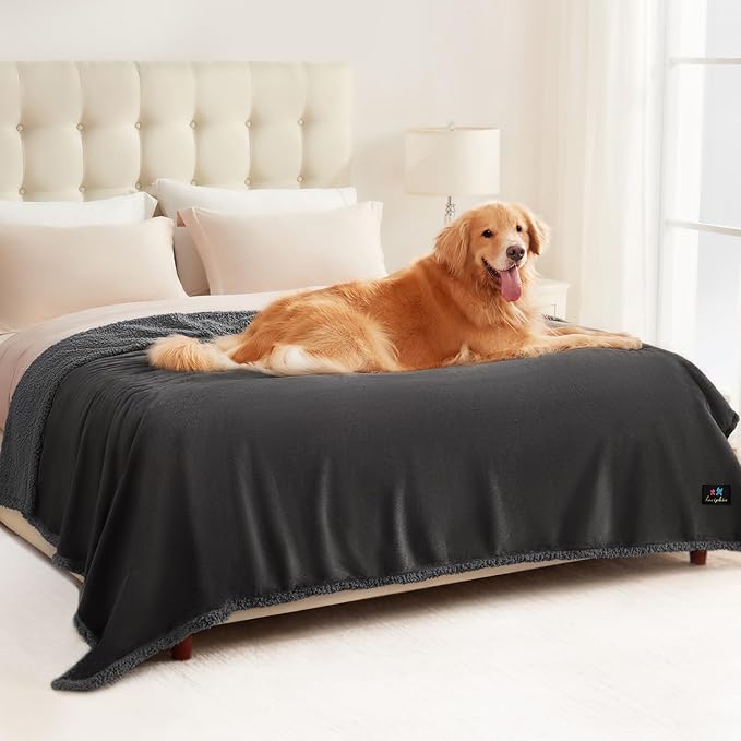 Luciphia Waterproof Blanket for Large Dogs Liquid Proof Furniture Protector Washable Pet Reversible Bed Cover for Couch Soft Sherpa Fleece Cat Blanket for Small Medium Grey X-Large（85" x 57"）
