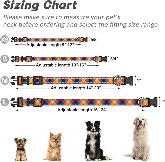 Reflective Dog Collar for Medium Dogs, Cute Boho Adjustable Heavy-Duty Nylon Puppy Collar for Boy and Girl Female, Soft Pet Accessories with Quick Release Buckle, Colorful Tartan