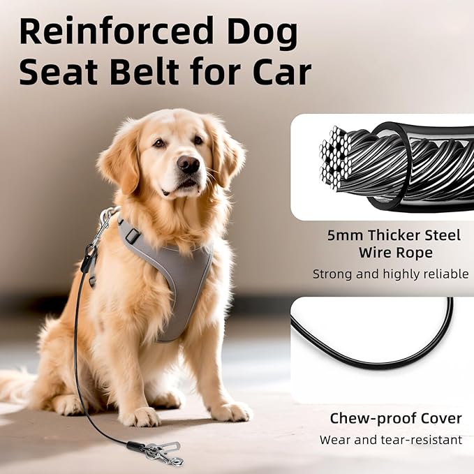 Dog Seat Belt for Car, 24" Chew-Proof Coated Wire Dog Car Leash Seat Belt, Dog Leash with Buckles and Latch, Safety Harness for Small, Medium, Large Dog or Cat, Travel, Black, 2 Pack