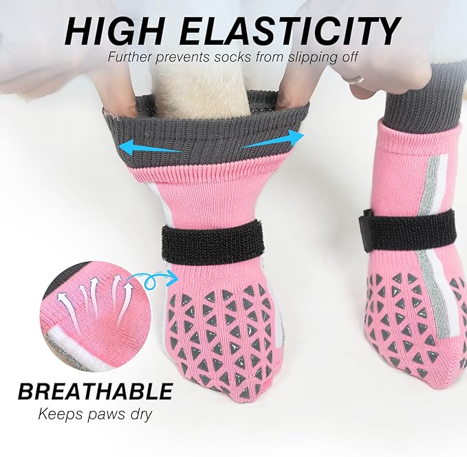SCENEREAL Anti Slip Dog Socks for Hot Pavement to Prevent Licking Paws, Long Sporty Style Reflective Dog Grip Socks for Hardwood Floors, Dog Shoes Booties&Paw Protector for Small Senior Dog, Pink S