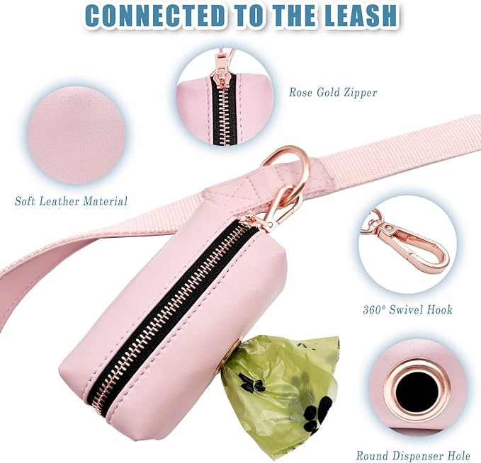 Soft Leather Dog Collar and Leash (6.6') Set - Stylish Rose Gold Heavy Duty Metal Buckle, 4 Adjustable Lengths Leash for Small Medium Large Dogs - Comfortable & Easy to Clean Pink Poop Bag Holder
