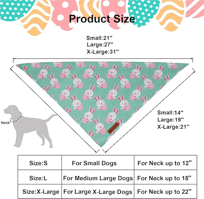 ADOGGYGO Easter Dog Bandana, Eggs Bunny Pet Scarf, Premium Durable Fabric, Adjustable Fit White Green Holiday Easter Bandanas for Extra Large Dogs (X-Large)