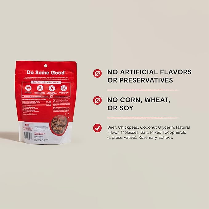 Open Farm, Dehydrated Dog Treats, High Protein & Low Carbohydrate Dog Snacks, Chewy Texture, Made with Ethically & Sustainably Sourced Ingredients, Grass-Fed Beef Recipe, 4.5oz Pouch