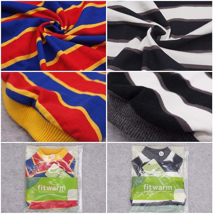 Fitwarm 2 Pack Striped Dog Shirt, Summer Dog Clothes for Small Dogs Boy, Breathable Pet Tshirt, Stretchy Cat Outfit, 104% Cotton, Black and White, Royal Blue and Yellow, XL