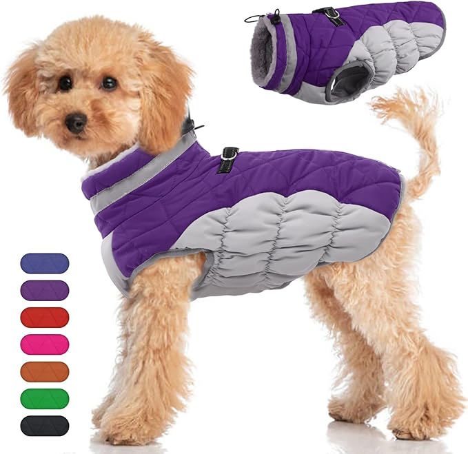 Winter Dog Coat,Large Dog Jacket,Waterproof Pet Jacket with Back Zipper,Pet Coat with Harness Built in,Warm Dogs Coat with Fleece Lined, Snow Jacket Clothes French Bulldog Shiba Inu,Purple,L