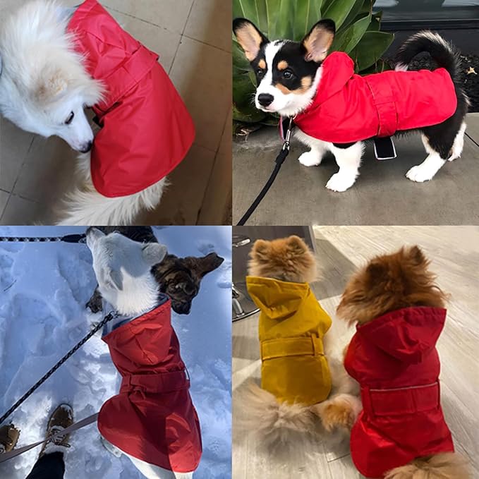 Dog Raincoat Small Dog Rain Jacket Poncho Waterproof Pet Rain Suit Double Layer Cotton Lining Hooded Leash Hole Adjustable Puppy Small Dogs Cats,Red,XS