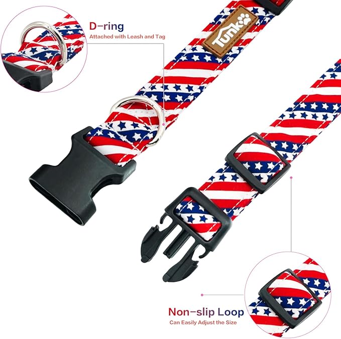 Tunkoo American Flag Dog Collar，4 of July Cute Adjustable Patriotic Collar for Boy and Girl Dogs with Strong Plastic Buckle - for Small Medium Large Pets, L